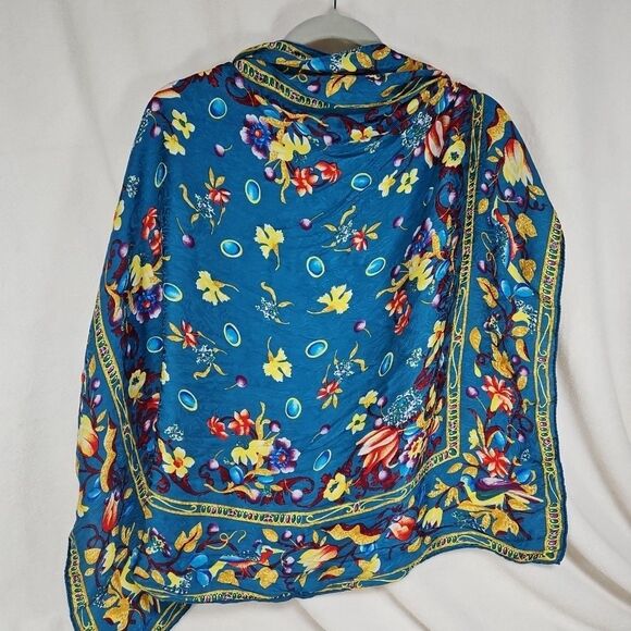 Accessories - Sophistcated Teal Blue, Gold, Red Square Floral‎ Bordered Silk Scarf 31" x 31"